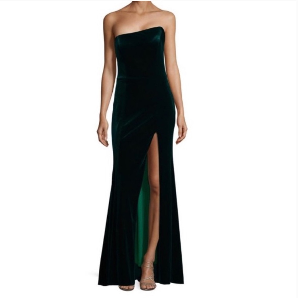Betsy and Adam strapless velvet slit gown